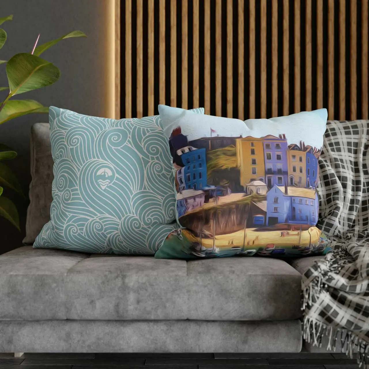 Around Tenby Tenby Harbour Beach and Aqua Waves Cushion Cover