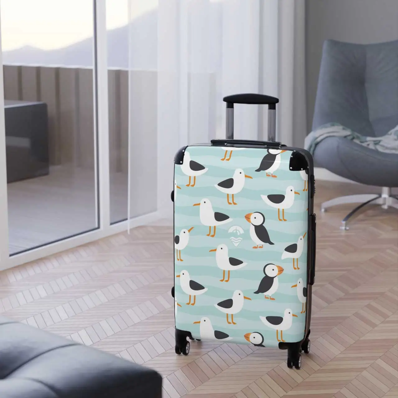 Puffins and Seagulls Travel Cases - Whimsical Pattern Luggage for Tenby Enthusiasts